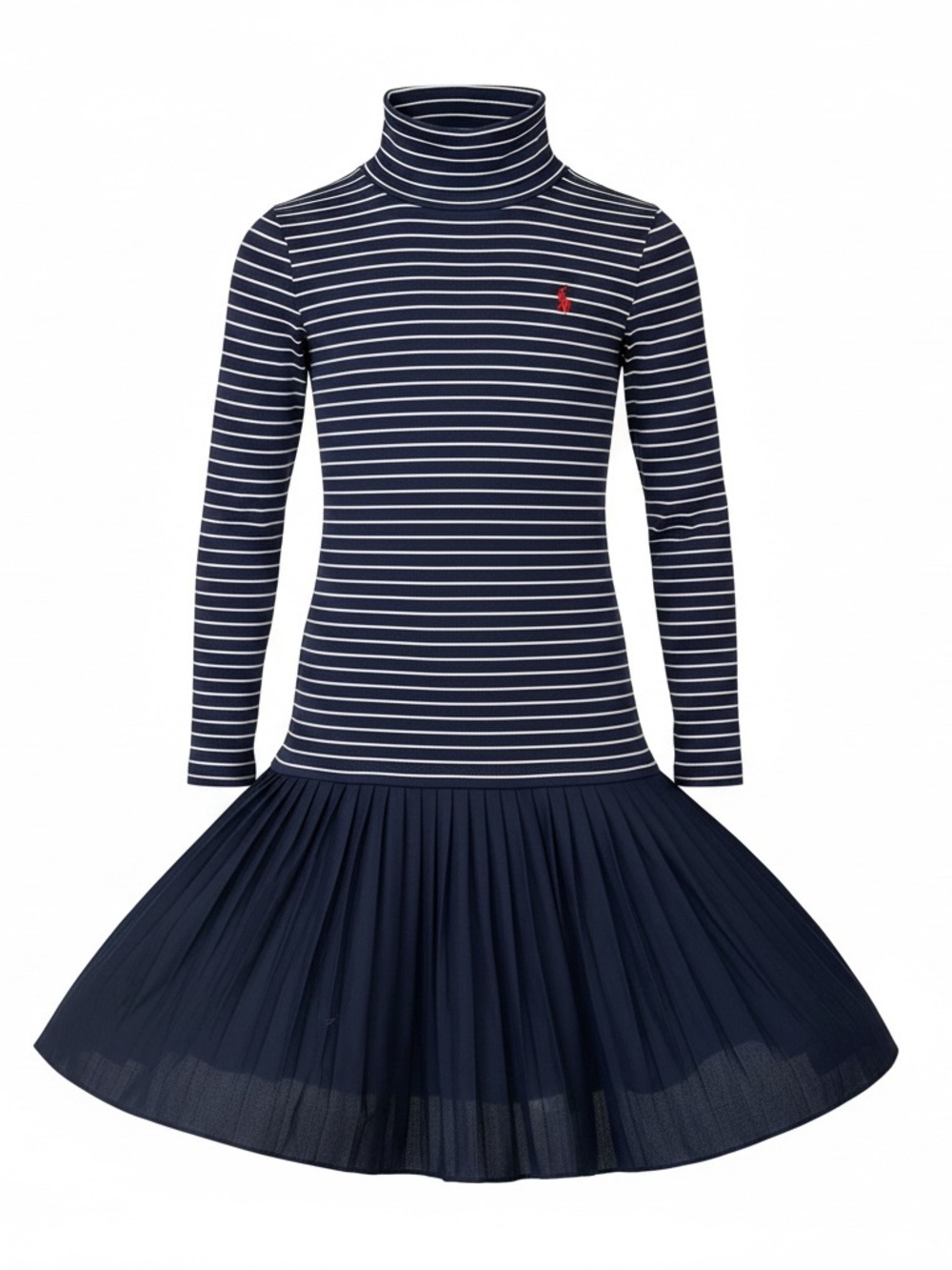 Ralph Lauren Girls Navy & White Striped Turtleneck Pleated Dress
